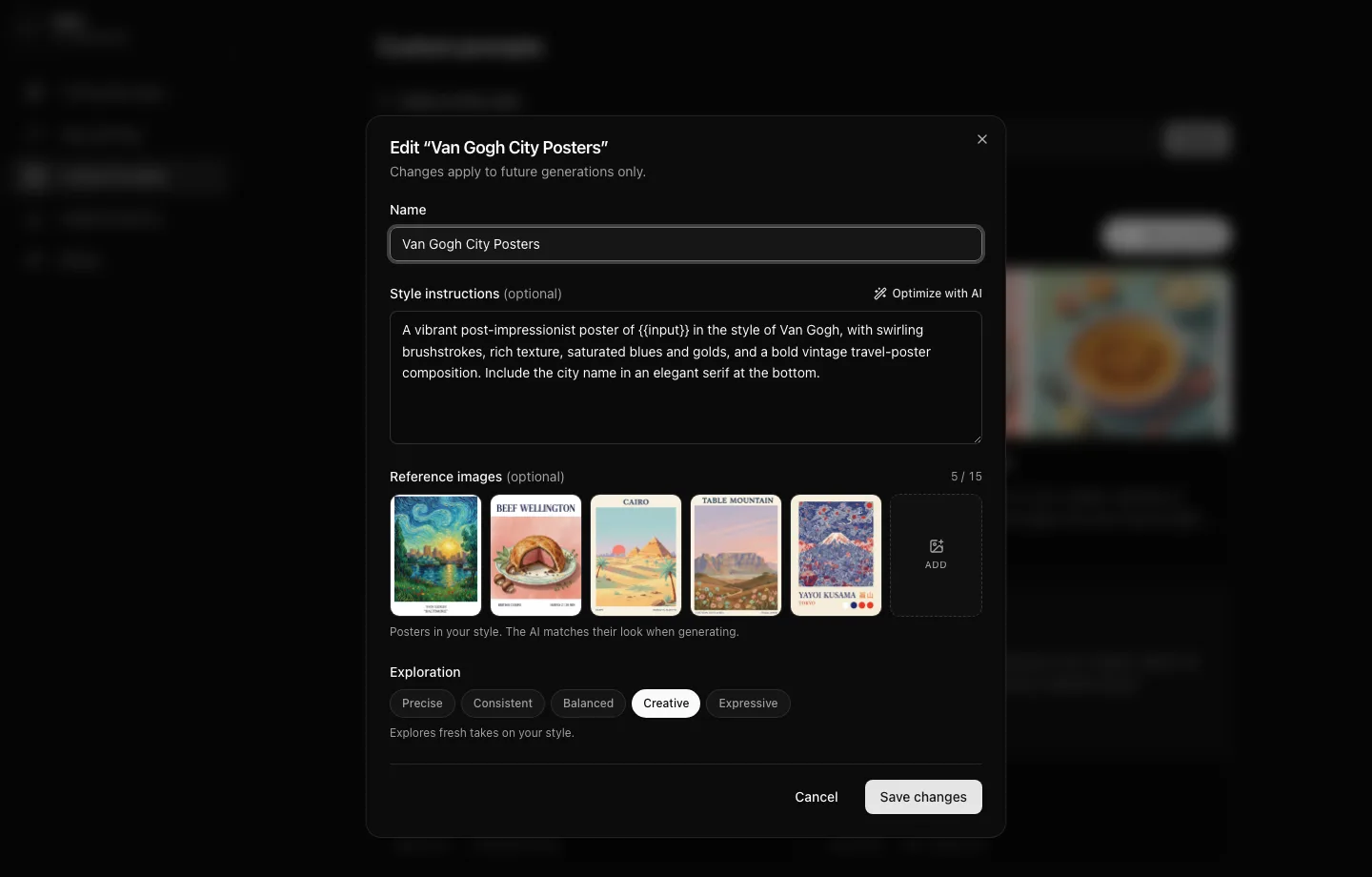 Editing a custom prompt in Artomate: name, style instructions, reference posters, and the Exploration level