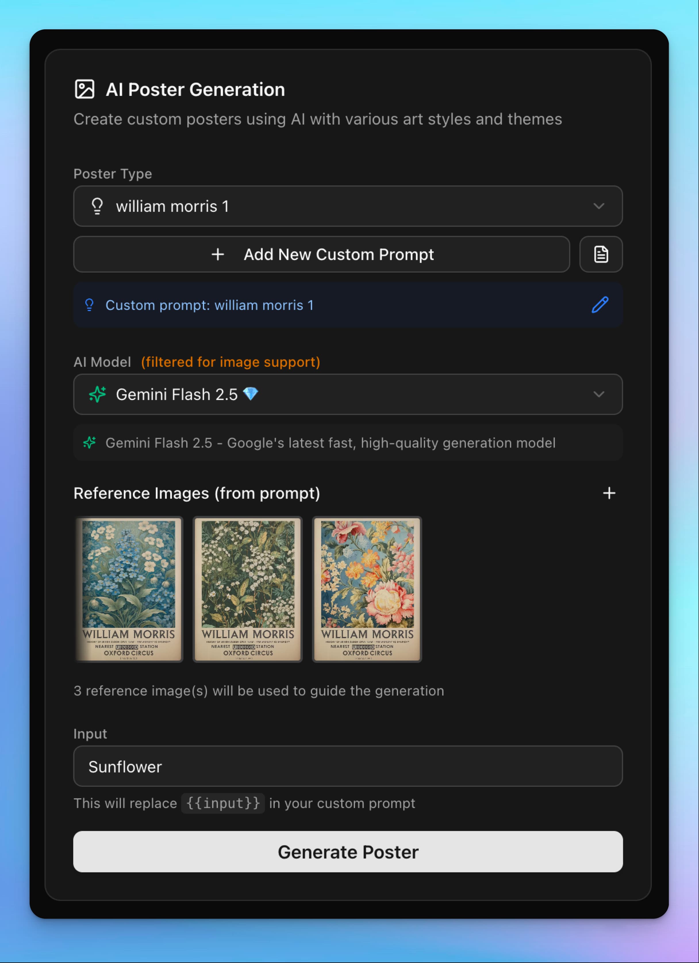Custom prompt with reference images displayed in Artomate