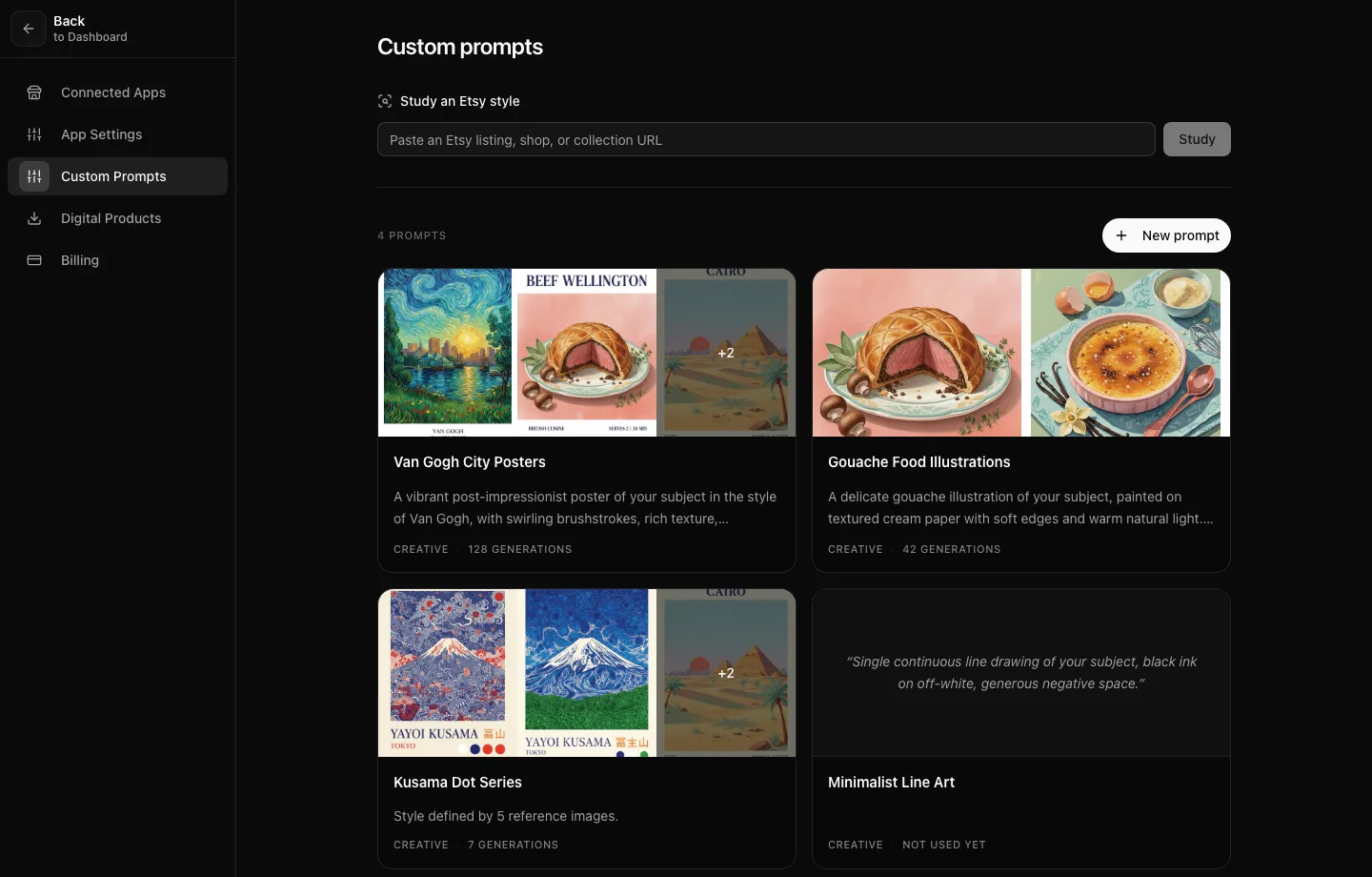 The Custom prompts page in Artomate settings, showing saved prompts as cards with their reference posters