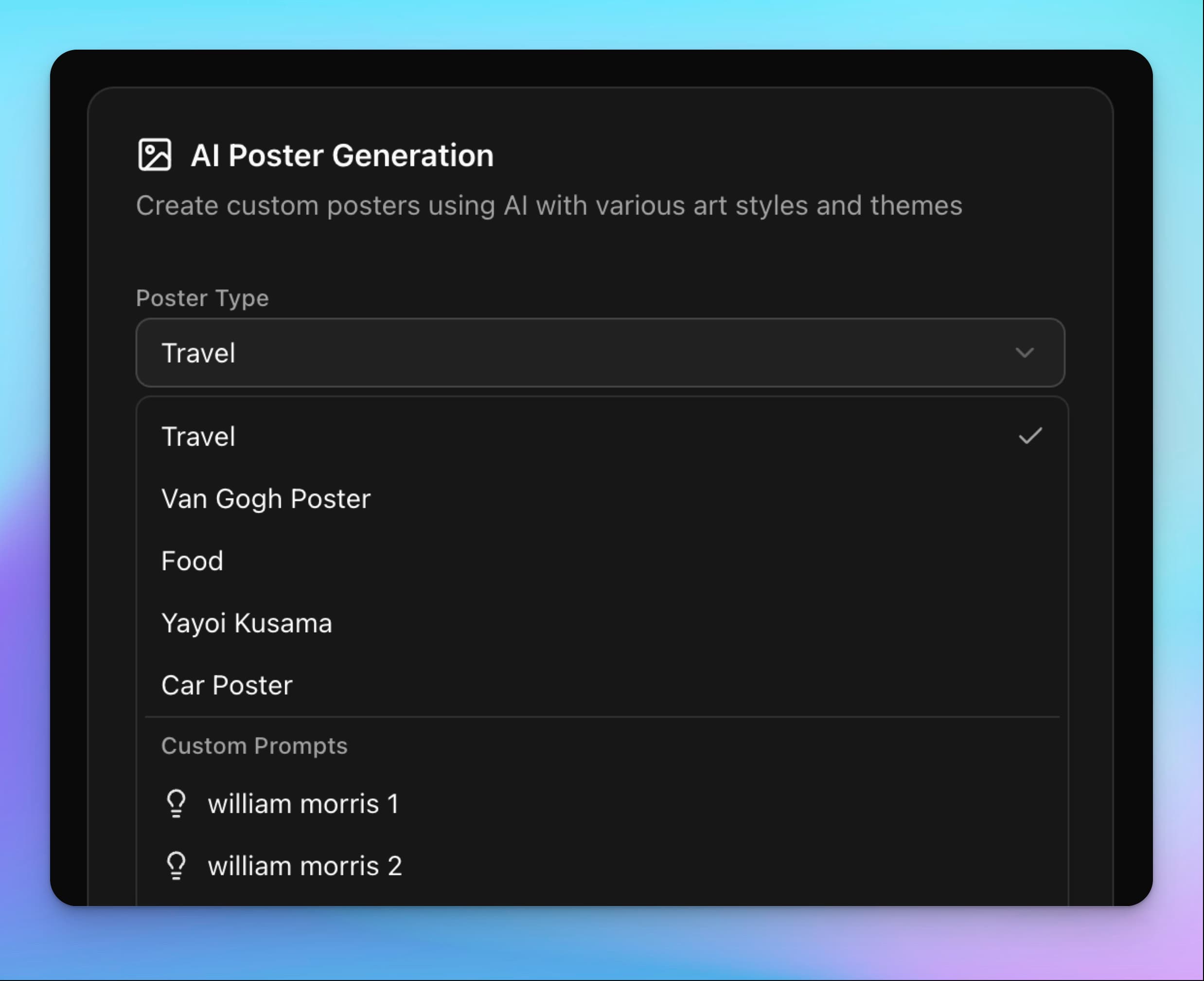 Custom prompts in Artomate showing the dropdown with lightbulb icons