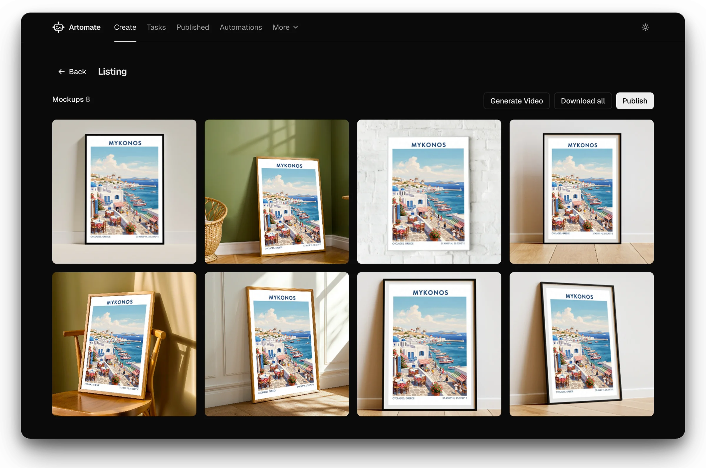 Artomate listing view showing one AI poster applied to eight framed mockups, ready to publish to Etsy