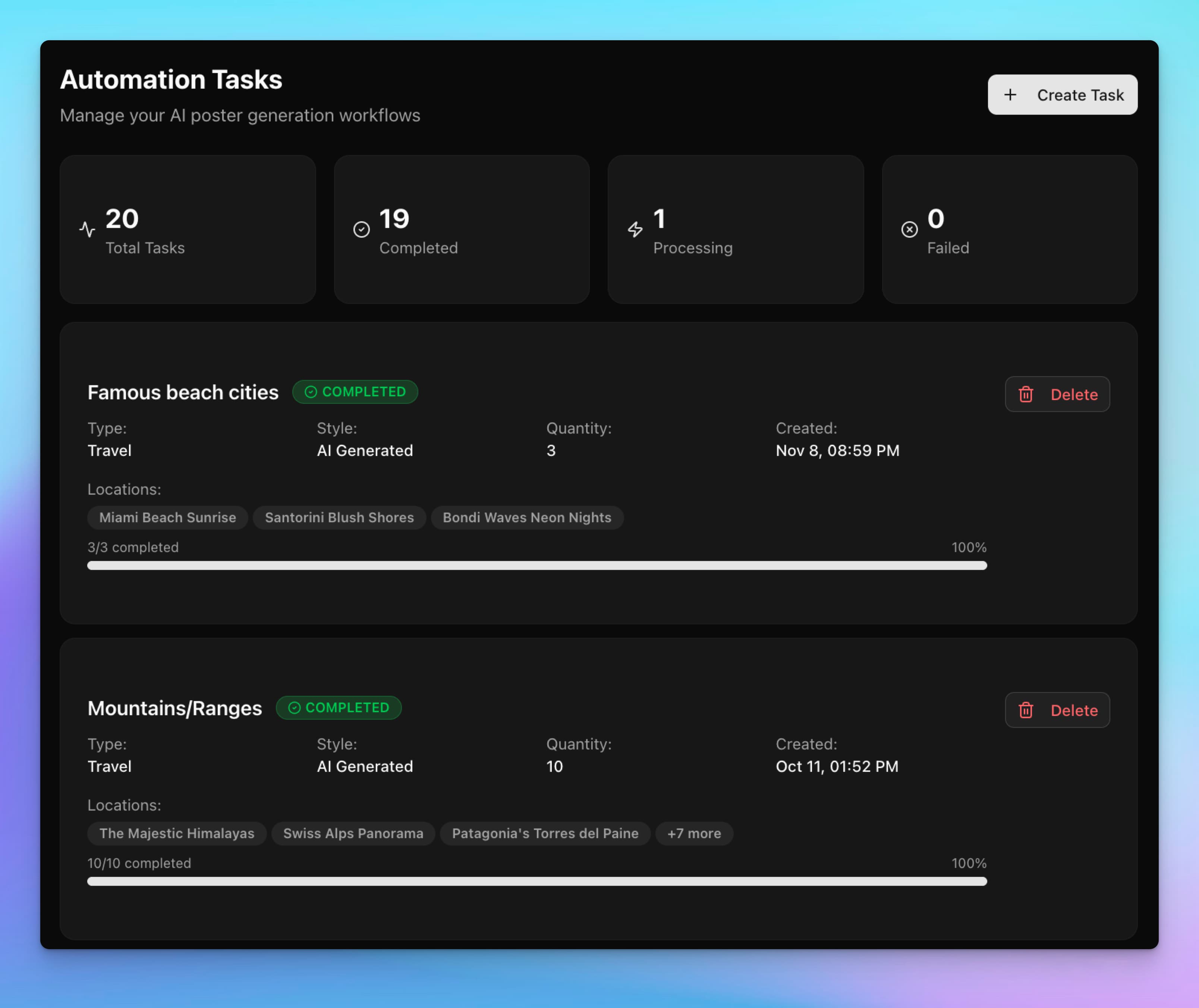 Artomate Tasks Page