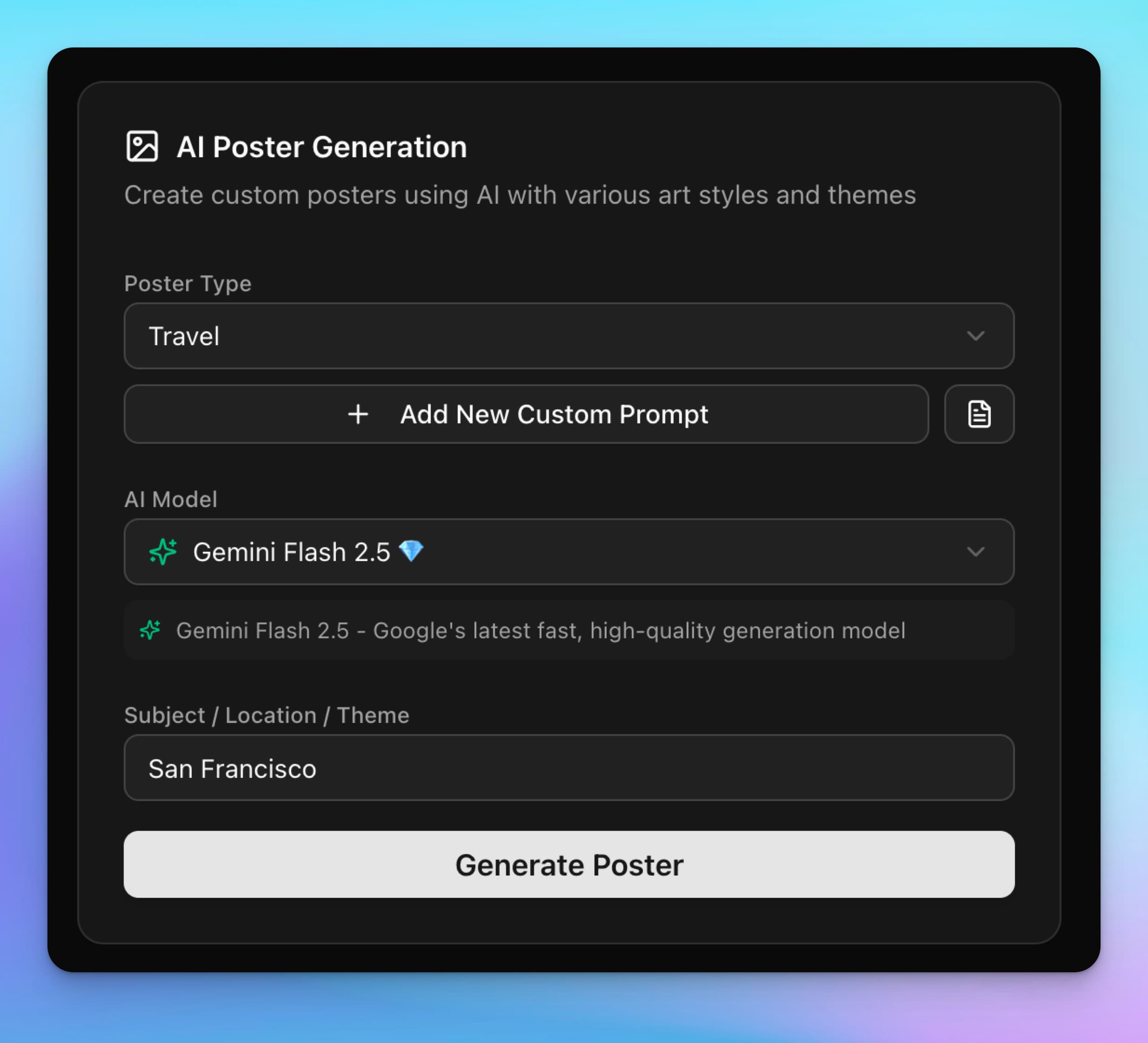 Example of entering a prompt in Artomate's poster generation form