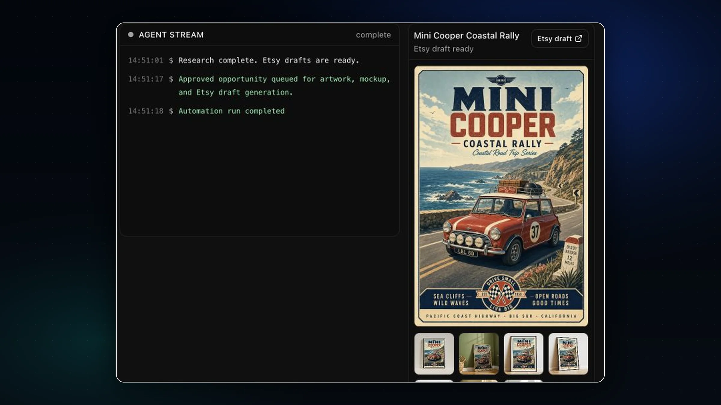 Artomate workflow run showing agent output, generated artwork, and Etsy draft status