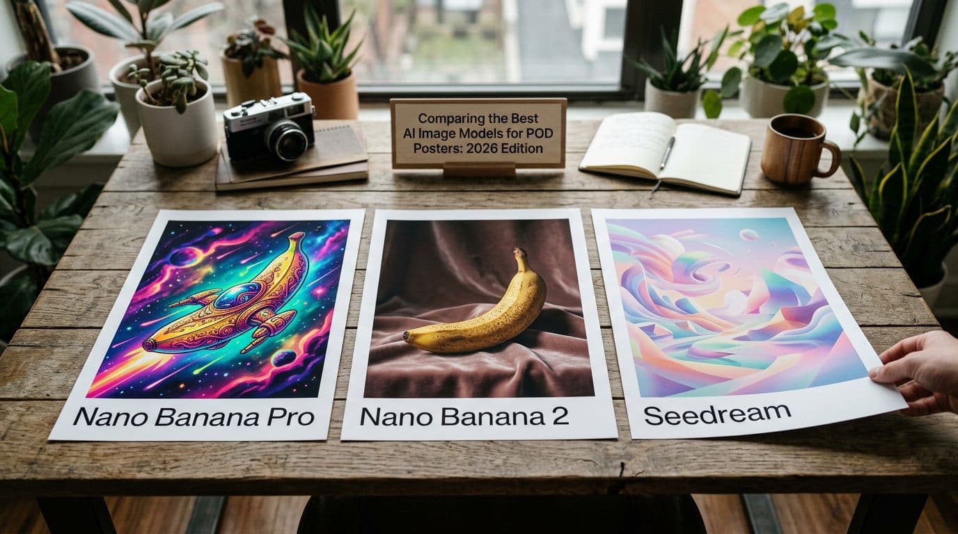Three AI-generated posters on a wooden desk comparing Nano Banana Pro, Nano Banana 2, and Seedream models for print-on-demand