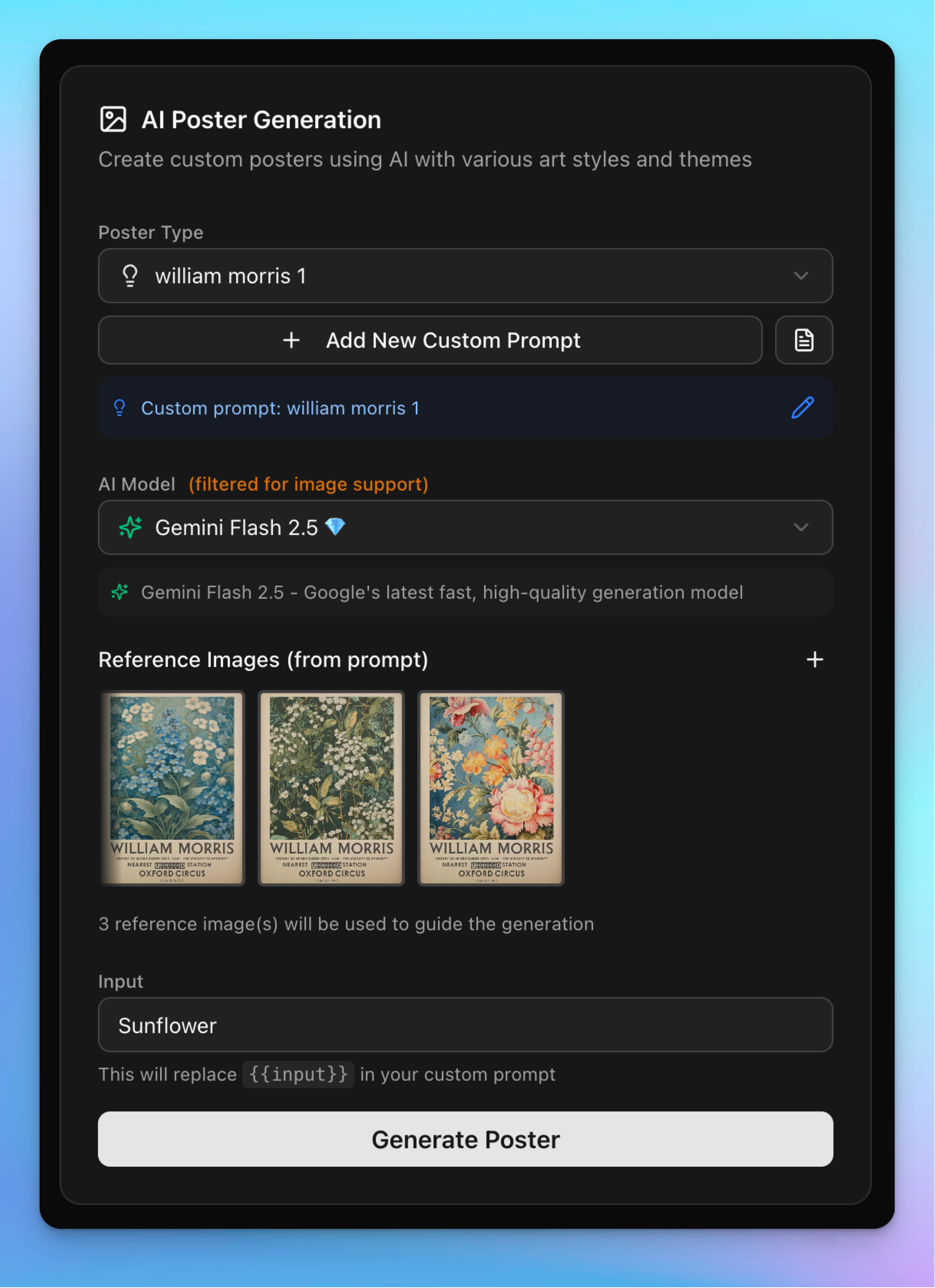 Custom prompt with reference images displayed in Artomate