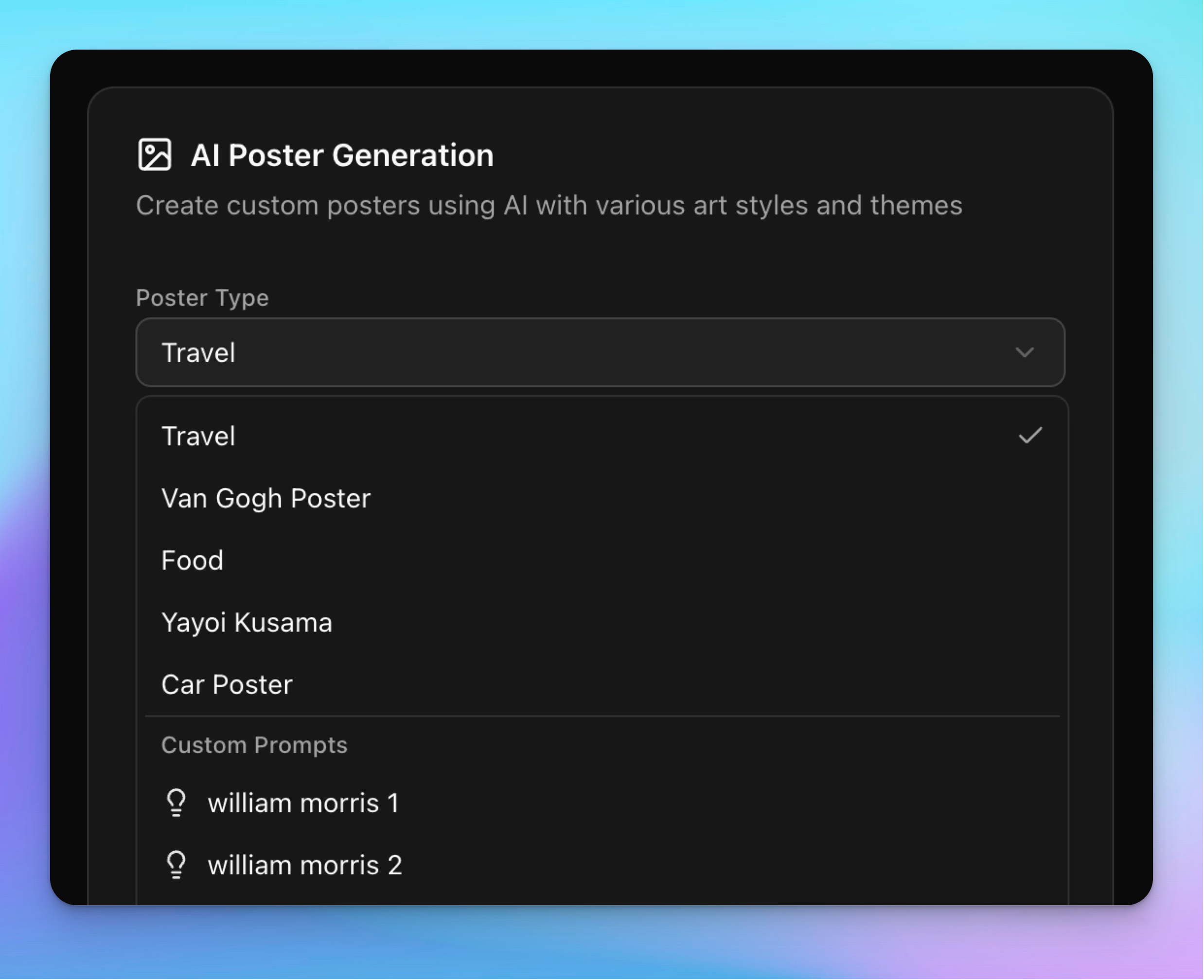 Custom prompts in Artomate showing the dropdown with lightbulb icons